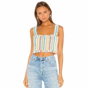 Saylor Rainbow Stripe Smocked Crop Top Ruffle Straps Size S